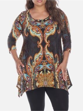 White Mark Black Multi Paisley Handkerchief Hem Tunic